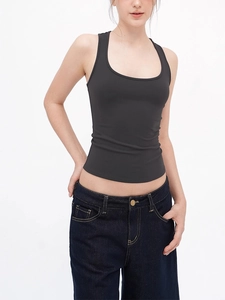 Slim fit black U-neck racerback tank top for women, high-stretch athletic sports camisole