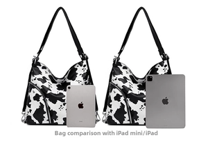 Cow print shoulder bag size comparison with iPad showing interior capacity and dimensions