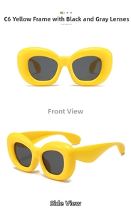 Detailed views of yellow chunky bubble sunglasses with dark grey lenses in C6 colorway