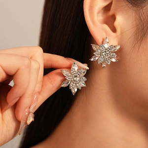 Elegant multi-layer snowflake flower stud earrings with sparkling crystals and silver plating