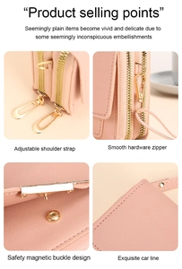 Detail of adjustable shoulder strap, smooth zipper and magnetic buckle on pink phone bag
