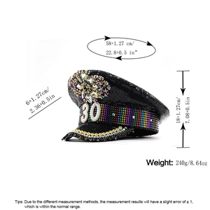 Black sequined captain hat with diamond gem emblem and white 30 for birthday parties