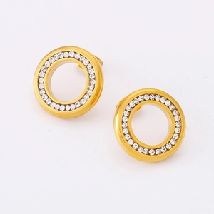 Geometric Round Hollow Stud Earrings Stainless Steel Zircon Rhinestone Inlaid Gold Plated Fashion Jewelry For Women