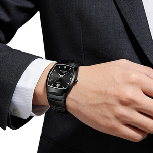 Macro shot of men's quartz watch with black ceramic style strap and date display on wrist