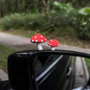 Set of two cute red and white mushroom dashboard ornaments for car interior decoration