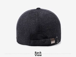 Detailed back view of winter wool baseball cap with adjustable metal buckle and ribbing