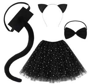 Detail of a 4-piece black cat costume set with star sequin skirt and plush tail