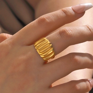 Minimalist Stainless Steel Ribbed Open Ring For Women 18K Gold Plated Simple Geometric Textured Adjustable Finger Ring Jewelry Gift