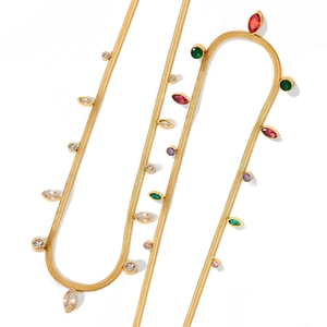 Gold stainless steel flat snake chain necklace with colorful oval zircon tassels