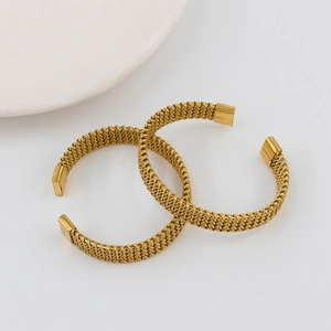Hip hop style twisted mesh 18K gold plated stainless steel open cuff bracelets for couples