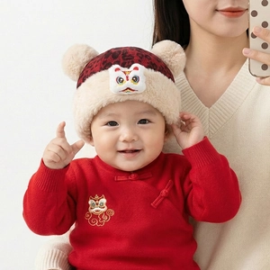Detail of red baby sweater with lion embroidery and plush earflap hat with traditional knots