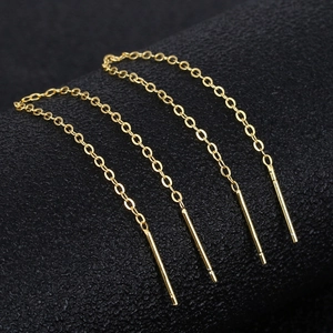Detail showing elegant gold S925 silver ear threaders with long tassel chain on black background
