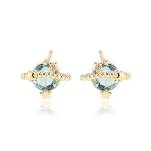 Star-shaped 18k gold stud earrings with light blue-green zircon in pure white background