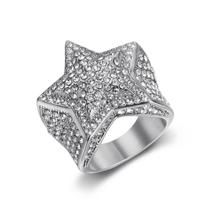 Macro detail of silver star ring featuring pave-set cubic zirconia and brushed metal finish