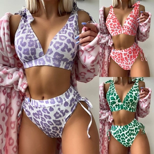 Women Leopard Print Ribbed Bikini Top And High Waisted Bottoms Shoulder Tie V Neck Swimsuit Beachwear Bathing Suit