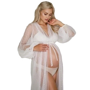 White polka dot mesh maternity gown for photography with long sleeves and belted waist
