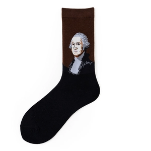 Detail of George Washington portrait embroidery on brown and black crew length socks