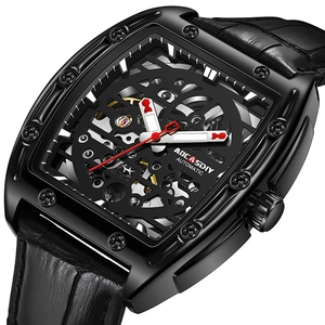 Skeleton automatic mechanical men's watch with black tonneau case and leather strap