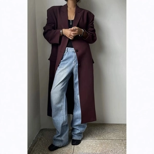 Trench Coat Extra Long Pour Femmes Élégant Rouge Vin Col Tailleur Ample Polyester Style Urbain
