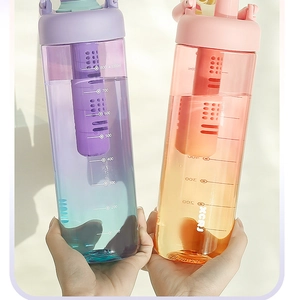 Close-up of 1000ml gradient plastic tea cups with strainer and volume markers