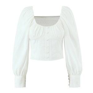 Chemisier Femme Col Carré Manches Bouffantes Dos Smocké Boutons Sur Le Devant Crop Top Vintage Élégant Mélange De Polyester Et Rayonne