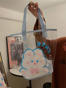 Joli sac cabas transparent en PVC bleu avec motif animal et poche intérieure filet