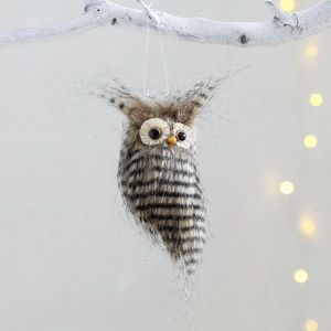 Brown plush owl ornament with hanging string for festive Christmas tree decoration