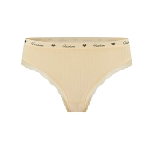 Pale yellow low-waist lace thong with ribbed cotton fabric and Fashion printed waistband