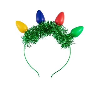 Detail of Christmas headband with colorful LED light bulbs and green tinsel wire decor