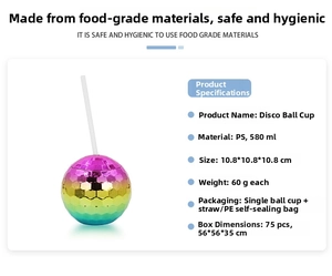 Specifications for 580ml colorful disco ball cup made of PS material with straw included