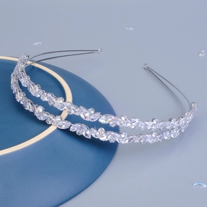 Elegant silver double-layer crystal headband with leaf-shaped zircons for weddings