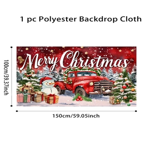 Detail view of polyester Christmas backdrop with red truck, snowman and festive tree