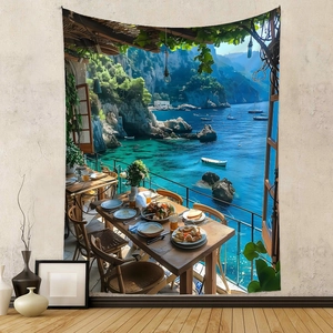 Detail of Mediterranean seaside view tapestry hanging on wall for home decor