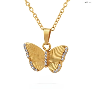 Butterfly Pendant Necklace Titanium Steel 18K Gold Plated Zircon Inlaid Dainty Fashion Jewelry For Women