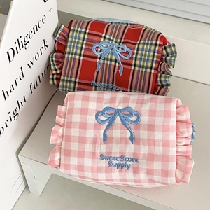 Plaid cosmetic bags with bow embroidery and ruffles in red and pink patterns
