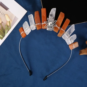 Detailed crown headband made of orange crystals and silver wire with sun ornament