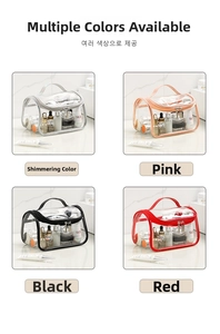 Detail view of large PVC clear toiletry bags in four colors with durable handles