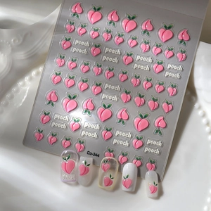 3D embossed peach nail stickers with Co-344 model on white textured background