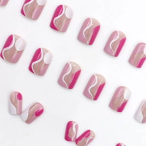 Short square-oval pink and white wavy abstract press-on nails set on plain background
