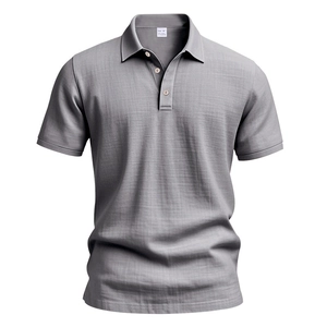 Polo décontracté en lin gris pour hommes avec manches courtes et patte boutonnée