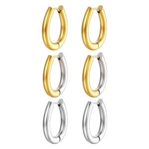 Three pairs of oval stainless steel hoop earrings in gold, silver, and two-tone finishes