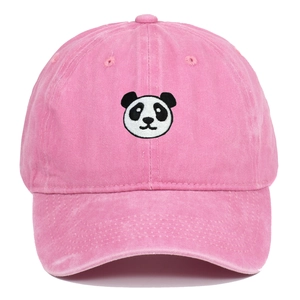 Pink washed cotton baseball cap with embroidered panda face in a vintage distressed style