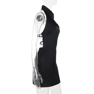 Side view of black backless halter mini dress with lace-up detail on transparent mannequin