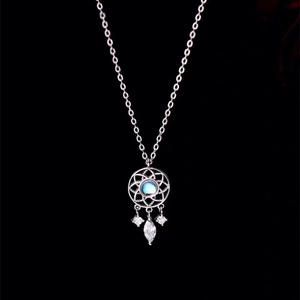 S925 sterling silver dreamcatcher necklace with moonlight blue stone on black background