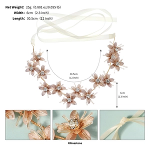 Detail of champagne gold metal flower headband with rhinestones and satin ribbon size specs