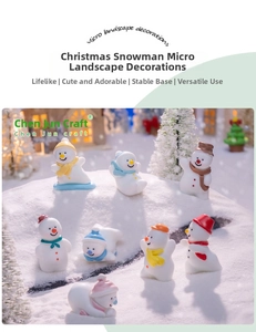 Detailed view of assorted miniature Christmas snowmen in resin for holiday DIY landscaping