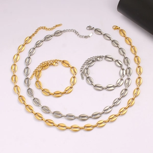 Elegant gold and silver coffee bean chain necklace and bracelet jewelry set for couples