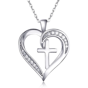 Heart Cross Pendant Necklace Copper Cubic Zirconia Paved Hollow Elegant Fashion Jewelry For Women