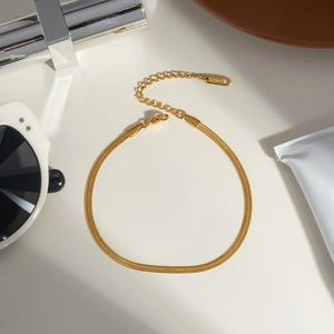 Classic golden stainless steel flat snake chain anklet with lobster clasp for women