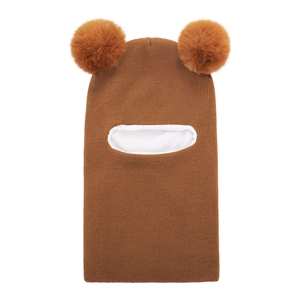 Detail of baby winter balaclava featuring brown knit texture and white fleece lining